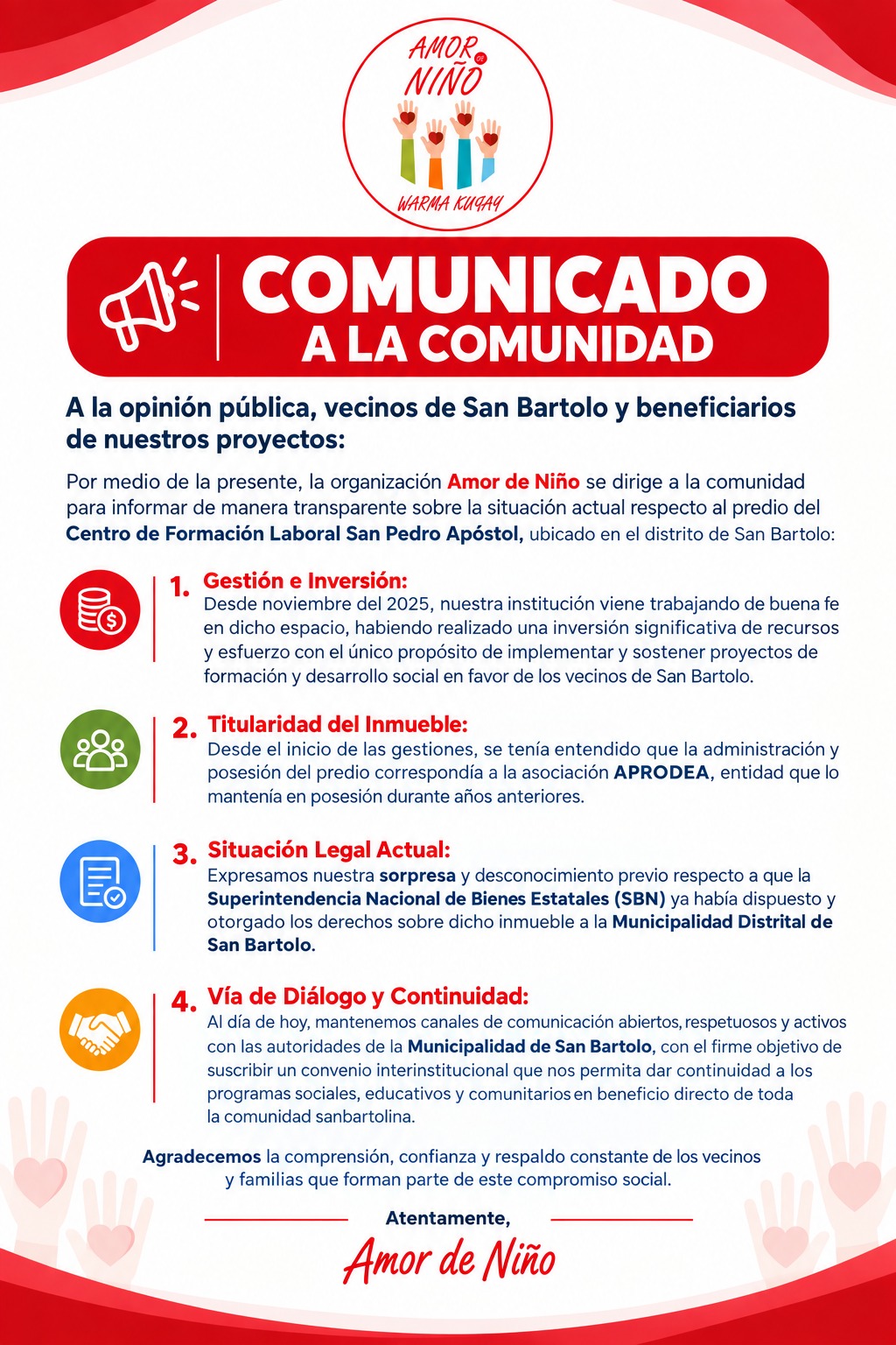 Comunicado de Amor de Niño a la comunidad